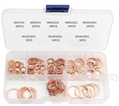 100-teiliges Kupferscheiben-Dichtungs- und Bolzen-Set, Flachring-Dichtungs-Sortiment-Kit mit Box M4/M5/M6/M8/M10/M12/M14 for Ölablassschrauben