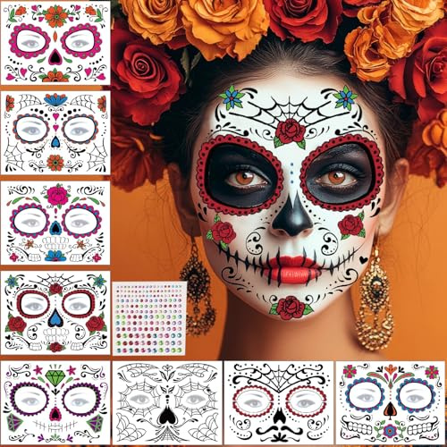 9 Blätter Dia De Los Muertos Schminke Tattoos Totenkopf Skelett, Gesichtstattoo Karneval Halloween Maskerade, Tag der Toten Kostüm Accessoires Damen Herren