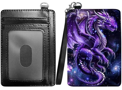 RWUTYTIUL Purple Cool Dragon Slim Minimalist Wallet with Lanyard Strap, PU Leather Front Pocket Wallet RFID Blocking Credit Card Holder Card Cases with ID Window for Man Woman Boy Girl