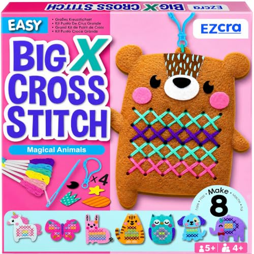 EZCRA Tier Kreuzstich Set für Kinder 5-8 Jahre - 8 Anfänger Projekte | 8 Tier Kreuzstich-Projekte mit vorgedruckten Mustern. Schmutzfreies Kit für Mädchen und Jungen. Tolles Geburtstagsgeschenk.