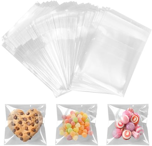 Cookie Bags, 100pcs Clear Self-Adhesive Cellophane for Bakery, Cookies, Candies, Biscuits, Jewelry, Soaps, Cards, and Desserts (8.3 * 5.5cm)