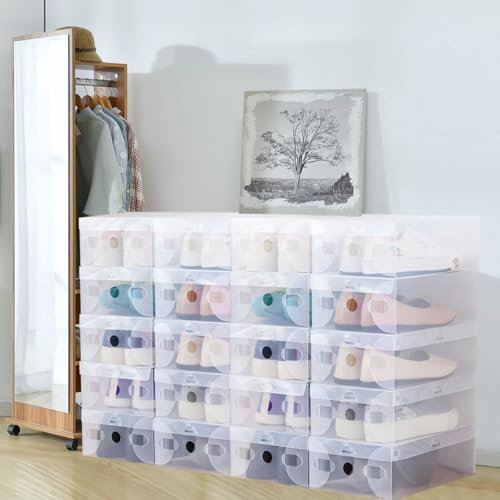 CUMELLIIR Schuhboxen Stapelbar Transparent, 20er Set, Schuhaufbewahrung Platzsparend Schuhkarton mit Deckel, Schuhorganizer 28x18x10cm für Schuhe Bis GrößE 46