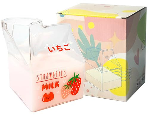FIDFDID - Bricco per latte in vetro, tazze creative per la colazione, carino, trasparente, mini lattiera, portatile, per studenti (fragola)