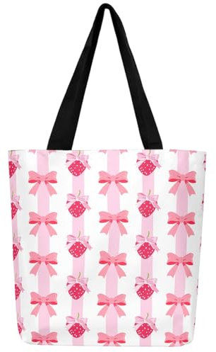 Loussiesd Frauen Rosa Bogenknoten Leinwand Einkaufstasche Erdbeere Obst Gestreift Stoffbeutel für Frauen Prinzessin Schleife Tragetasche Vier Jahreszeiten
