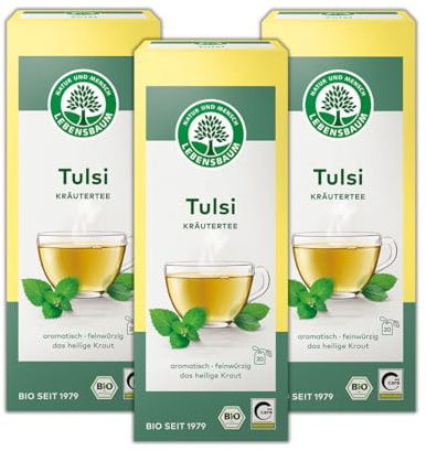 LEBENSBAUM 3 x Tulsi, Bio-Kräutertee, Bio-Tee-Set, Indisches Basilikum, 3er Set, 100% Tulsi, Königsbasilikum, 3 x 30 g, 3 x 20 Teebeutel
