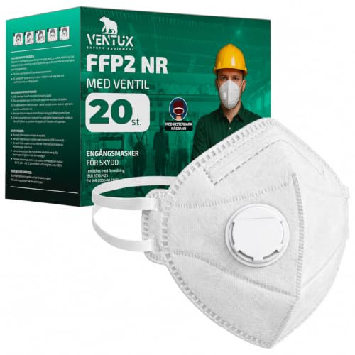 FFP2 Mask med Ventil Certifierad EN 149 – 20 Stycken | Andningsskydd med Nackband | Engångsmask mot Damm Partiklar Byggarbetsplats Industri