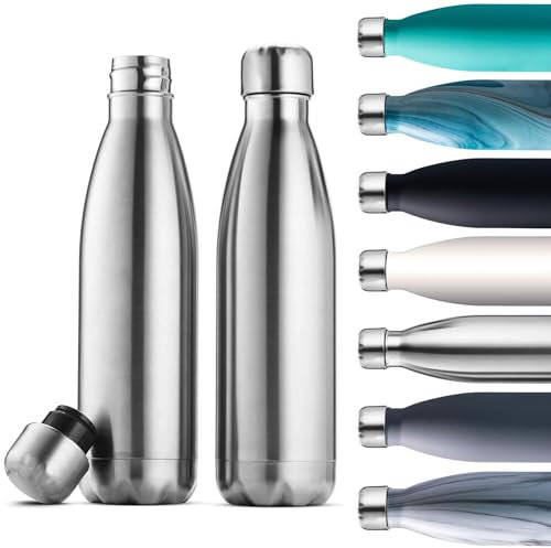 2 Pack 500ml Stainless Steel Insulated Water Bottles, Double-Wall Vacuum Insulated, Leakproof & Shatterproof, 24-Hour Cold & 12-Hour Hot, BPA-Free, Travel-Friendly, Gym, Office (Stainless Steel)