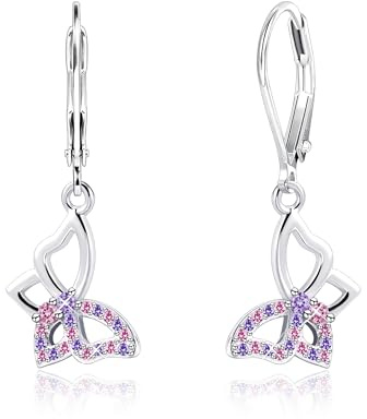 Boucles d'Oreilles Femme Argent Papillon Pendantes Zircone Rose Violet