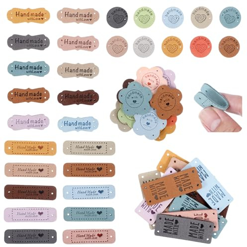 guduling 50 Stück Label zum Annähen, Handgefertigte Etiketten, Handmade Label zum Annähen, Hand Made Etikette für Stricken,Nähen,Kleidung,Hüte,Schals,DIY Jeans,Taschen (5 Stile)