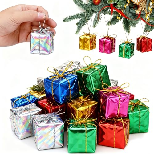 TIutmivo Mini Geschenkbox Anhänger Weihnachten, Miniatur Weihnachtsbaum Geschenkboxen, Mini Christbaumschmuck, Bunte Geschenkboxen für Weihnachtsdekorationen, 24 Stück