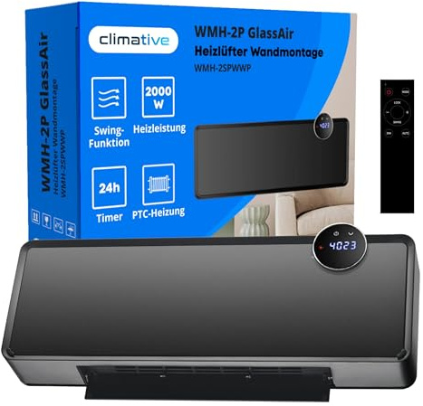 Climative Glas Wand Heizlüfter 2000W GlassAir Wandheizgerät Heizung Wandmontage Elektroheizung Wandventilator mit WiFi, Fernbedienung Keramik-PTC Timer 24h Oszillation Wochenprogramm Schwarz