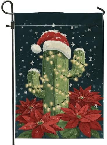Bandiera da giardino con cactus, cappello di Babbo Natale natalizio con stella di Natale rossa su entrambi i lati, bandiere decorative per esterni, patio, prato, portico, ingresso, campeggio, 30,5 x