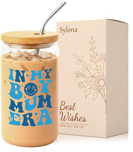 Sylona in My Boy Mum Era Glass Coffee Cup with Lid & Straw - Mum to Be Gifts, Pregnancy Gift for Expecting Mums, New Baby Gift for Boy Mama, Birthday Christmas Mother's Day Present