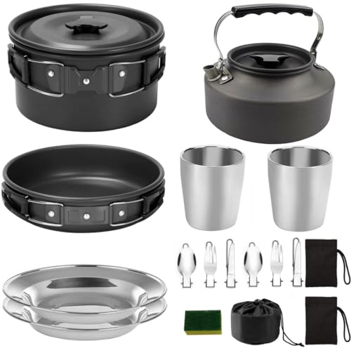 Juego de Utensilios de Cocina para Acampar, Olla, Tazas, Platos, Tenedores, cucharas y Cocina para Picnic al Aire Libre, Senderismo, mochilero, Juegos de para Acampar