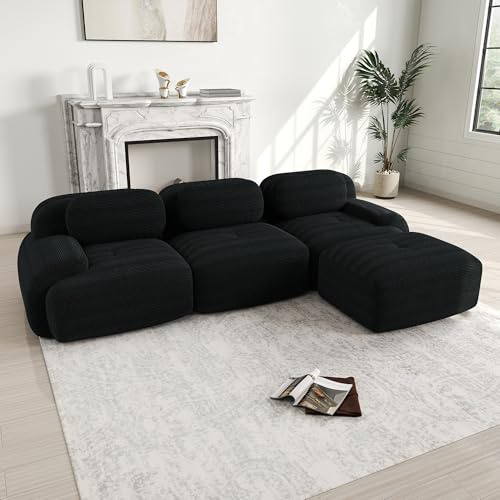 Muskel Modernes 3-Sitzer Cord Sofa Modulares L-förmiges Ecksofa mit beweglichem Ottoman, Ohne Montage, Boneless Sofa Cloud Couchs kombinierbar Set, für Wohnzimmer (Schwarz, 3-Sitzer+1)