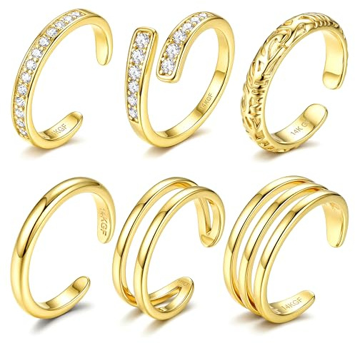 ADRAMARA Toe Rings for Women - 14K Gold Filled Toe Rings Non Tarnish Dainty Adjustable Open CZ Ring Set Silver Plated Summer Beach Foot Jewellery