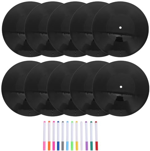 Toyvian Disco de Vinilo Negro Vintage para Manualidades DIY con Marcadores Incluidos, Decoración Versátil de Plástico para Colgar en Pared y Centros de Mesa Retro