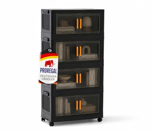 PROREGAL Aufbewahrungsboxen 4 Ebenen, 38 L, Schwarz-Transparent, Stapelboxen mit 1 Deckel, stapelbar, faltbar, mit transparenten Türen, magnetischen Türen, auf Rollen, Bodenverstärkung, rutschfest