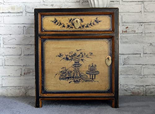 OPIUM OUTLET Nachttisch chinesisch Nachtkommode Nachtschrank Kommode Schrank orientalisch asiatisch schwarz-beige Vintage Shabby-chic Holz