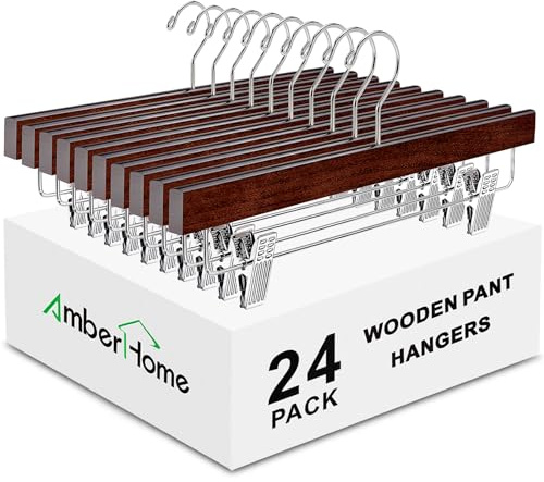 Amber Home 24 Pack Walnut Wooden Pants Hangers with Clips, 14 Wood Skirt & Trousers Hangers, Closet Hangers for Jeans, Slacks, Shorts, with 2-Adjustable Clips (Vintage, 24)
