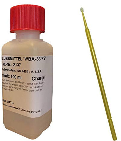 100 ml No-Clean Elektronik-Flussmittel WBA-33/FS, wasserbasierend mit 3,3% Feststoff incl. Application-Stick, enthält keine Gefahrstoffe und daher kennzeichungsfrei