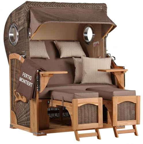 MR. DEKO® Strandkorb Düne Teak 2-Sitzer Bullauge | PE Geflecht Grey | Volllieger Strandstuhl verstellbar | inkl. 4 Kissen Wechselpolster | Strandkörbe fertig montiert aus Teakholz | (Dessin 534)