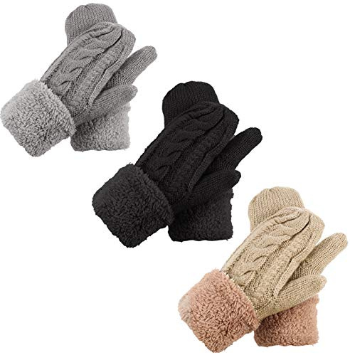 Heyu-Lotus 3 Pairs Women Winter Wool Mitten Gloves, Winter Warm Thick Gloves, Gift for Ladies and Girls(Beige, Light Gray, Black)