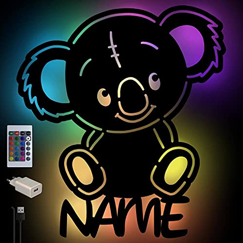 Namofactur personalisierte Koala-Wandlampe aus Holz mit RGB-Licht | Mit Wunschname, USB-Anschluss und Fernbedienung – in verschiedenen Farben wählbar und fürs Baby- oder Kinderzimmer geeignet