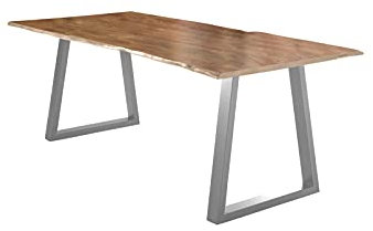 SAM Esstisch 220x100 cm Lubin, Akazienholz naturfarben, Massiver Esszimmertisch mit echter Baumkante, Baumkantentisch mit V-Gestell Silber, Holztisch mit 26 mm Tischplatte