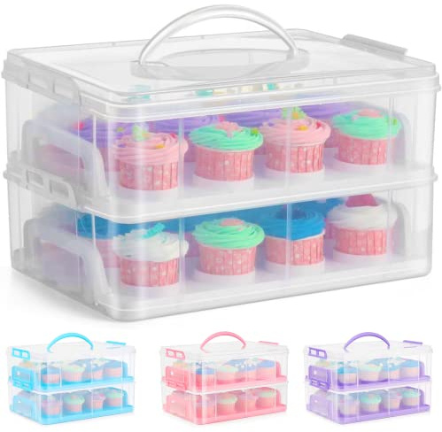 SG Traders Cupcake-Träger mit Griff, 2 Ebenen Cupcake Box Backen Kuchenhalter, Backen Cupcake Boxen Cupcake Förmchen, Kunststoff Aufbewahrungsbox mit verstellbaren Fächern