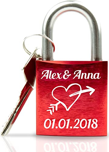 Geschenkfreude Liebesschloss mit Gravur und Schlüssel - rot - Herz Pfeil | personalisiertes Liebesschloss, Pärchengeschenk, Geschenke für Paare, Valentinstagsgeschenk, Liebesschloss mit Gravur