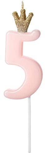 Geburtstagskerze 5 Rosa mit Krone – Zahlenkerze 5 | Kerze 5. Geburtstag Mädchen, Kuchenstecker Tortendeko, Kerzengröße 9,5 cm