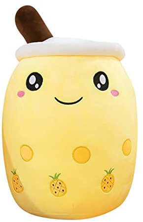 Herbests Bubble Tea Plüschtier,35CM Boba Kuscheltier Milchtee Teetasse Kissen Gefüllte Plüsch Spielzeug Obst Komfort PlüschKissen Weiches Schlafkissen Geburtstagsgeschenk für Kinder Erwachsene,Ananas