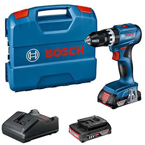 Bosch Trapano avvitatore con percussione a batteria Professional 18V System GSB 18V-45, velocità di rotazione di 1.900 giri/min, 2 batterie da 2.0 Ah, GAL 18V-20, in L-Case