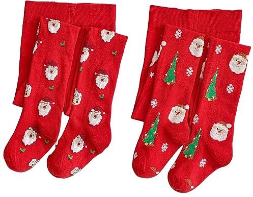 Silkglory 2 st julstrumpor för flickor, leggings för flickor med mönster med julelement, bomullsbyxor för nyfödda, småbarn, röd, 2–12 år, Röd, 2-3 år
