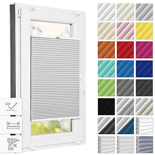 Estika Wabenplissee ohne Bohren verdunkelung 90 cm x 150 cm - Waben: Hellgrau - Weiß - Bruchfeste Klemmhalter, Plisees ohne Bohren Blickdicht, Plissee klemmfix, Verdunklungsplissee