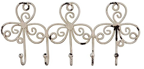 MACOSA SA81284 Hakenleiste nostalgisch 5 Haken vintage Antik-Weiß Metall Dekohaken Schlüssel-Haken Shabby Chic Wandhaken Kleiderhaken Wand-Dekoration Küchenhaken