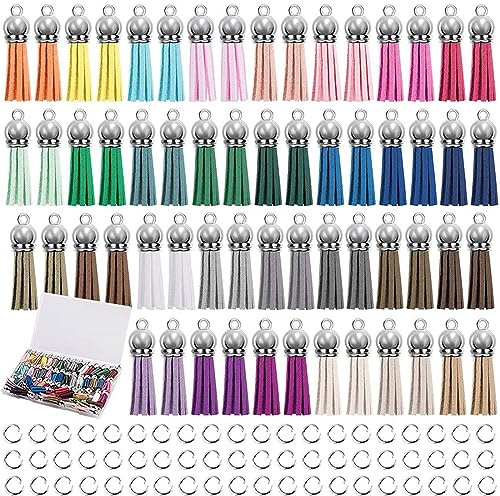 CLKE 120 Stück Zubehör Schlüsselanhänger aus Leder, Pompons für DIY Schlüsselanhänger mit Kappe, Quaste und Anhänger und offene Ringe für Schmuck, Charms für Handtasche, Dekoration (Silber)