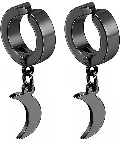 Flongo Creolen Ohrklemme mit Mond moon Anhänger schwarz Hoop Ohrringe Ohne Loch edelstahl Baumeln non-piercing ohrklipp ear clips klipp ohrklipser clip klein earrings für Damen Herren mädchen