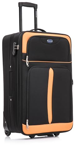 Aerostar Medium 26” Lightweight Softshell Expandable Suitcase, Check in Luggage 2 Corner Wheels with Integrated Combination Lock (Black/Orange, 70 litres)
