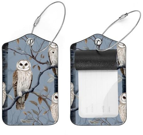 FVQL Gepäckanhänger aus PU-Leder mit Edelstahlschlaufe, 2 Stück, Koffer-Etiketten, Taschenanhänger, Tier-Eulen-Vogel-Muster