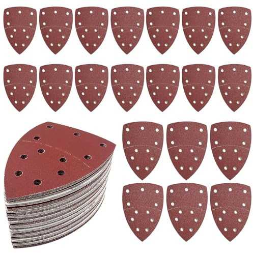 Mouse Sander Pads 20 Pieces, 11 Holes Hook and Loop Sanding Pads, 120 Grits Sandpaper for Electric Sander, Triangle Palm Detail Sander Pad, Aluminum Oxide Sanding Sheets, Sander Sheets for Metal, Wall