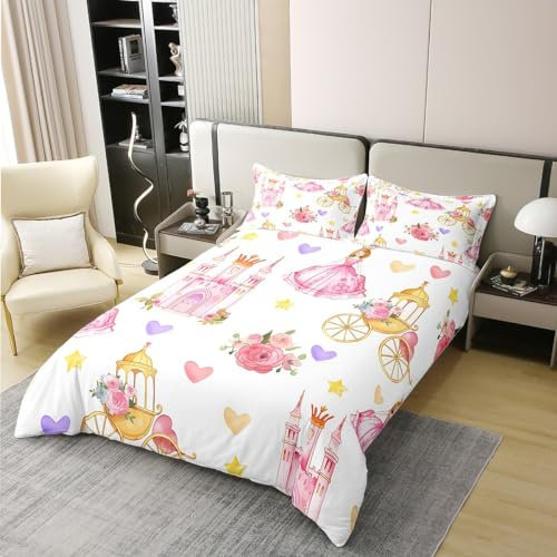 richhome Prinzessin 100% Bio-Baumwolle Trösterbezug Rosa Schloss Träumen Bettbezug Set 200x200 Blumen Garten Bettwäsche Set mit 2 Kissenbezügen