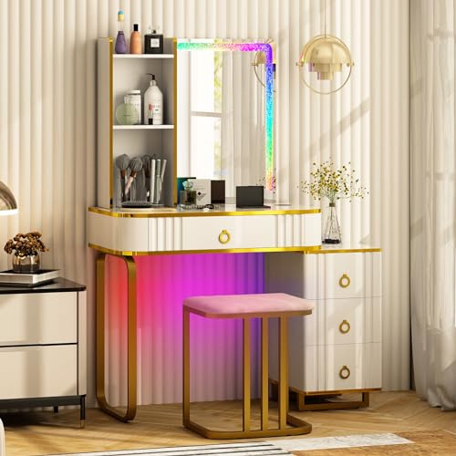 COSTWAY Schminktisch mit LED-Beleuchtung, Frisiertisch mit 7 dynamischen & 7 statischen dimmbaren LED-Leuchten, kabelloser Ladestation, USB-Anschluss & 4 Schubladen, Kosmetiktisch mit Hocker, Weiß