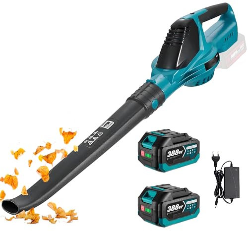 Soffiatore a Batteria, 5 Velocità, Max Regolabile 219 km/h, Motore senza spazzole 28000 RPM Elettrico Soffiatore di foglie senza fili per Foglie soffiaggio della neve (nero con 2 batteria)