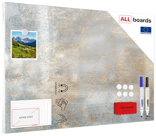 ALLboards Metallische Magnettafel GOLDENER BETON, 60x40cm MetalBoards Memoboard für jede Art von Magneten Magnetpinnwand + GRATIS Zubehörset