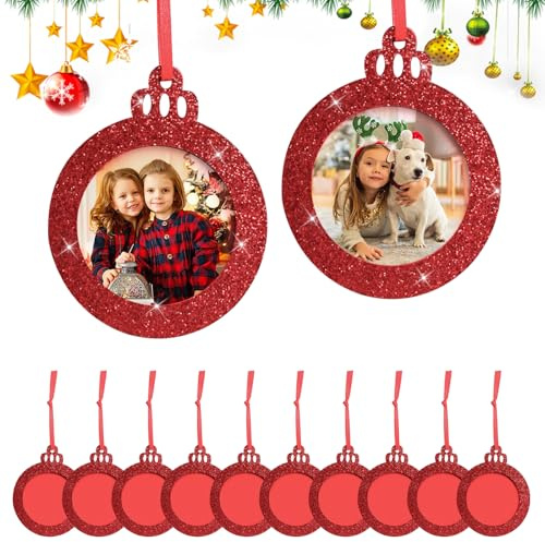 NHTJTHE 12 Stücke Weihnachten Fotorahmen Ornament，Mini Filz Hängender Bilderrahmen Kleiner Bilderrahmen，Weihnachtsbaum Hängende Ornament für Familie Xmas Urlaub Party Dekoration, Glitzer(Rot)
