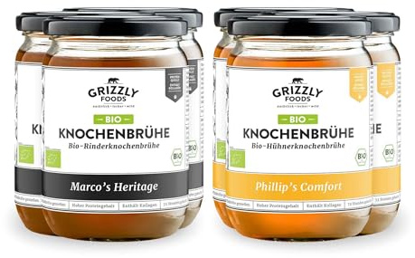 Grizzly Foods • BIO Bouillon d'os de Bœuf & Poulet (6 x 500ml) • Plus de 20g de collagène par verre • Cuit pendant 72 heures • 100% naturel • Sans sucre, sans additifs • Précieux nutriments • Bouillon