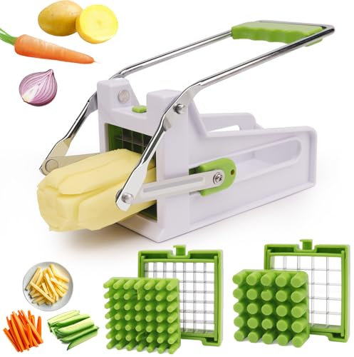 ANJUKE Professional Potato Chipper,Durable Plastic Stainless Steel Chip Cutter with 9mm and 12mm Replacement Blades,Perfect for Homemade French Fries-Green