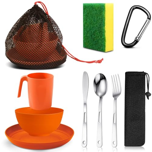 Scout Camping Mess Kit for 1 Person Boy Scout Dishes Set Girl Scout Mess Kit with Mesh Bag Reusable Light Weight Eating Utensils Plastic Camping Cutlery Set for Travel Camp